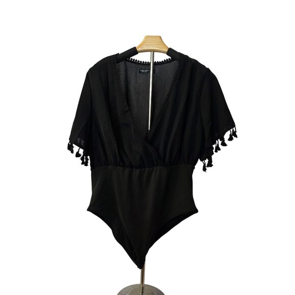 Shein Curve Black V-Neck Tassel Bodysuit Size L - Picture 1 of 8